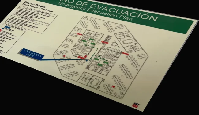 "Plano de evacuación Usted está aquí conforme a UNE 23032:2015"